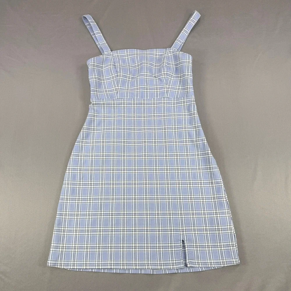 Hollister Plaid Mini‎ Dress Womens XS Blue White Front Slit Casual Summer